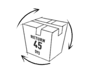 Line-art illustration of a shipping box with circular arrows and a 45-day return label