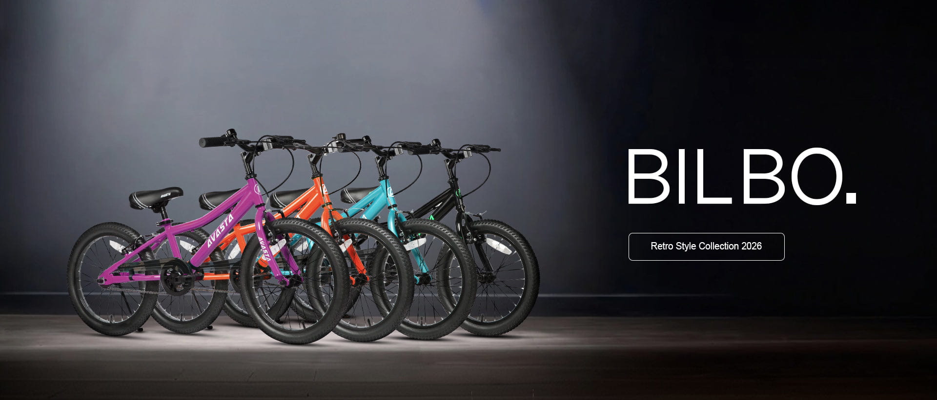 Bilbo retro style kids bike collection banner with four colorful bikes on a dark studio background