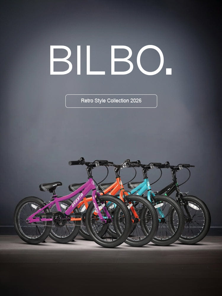 Mobile Bilbo retro kids bike collection banner with four colorful bikes on a dark studio background
