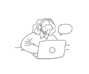 Line-art illustration of a customer support agent wearing a headset at a laptop with chat bubble