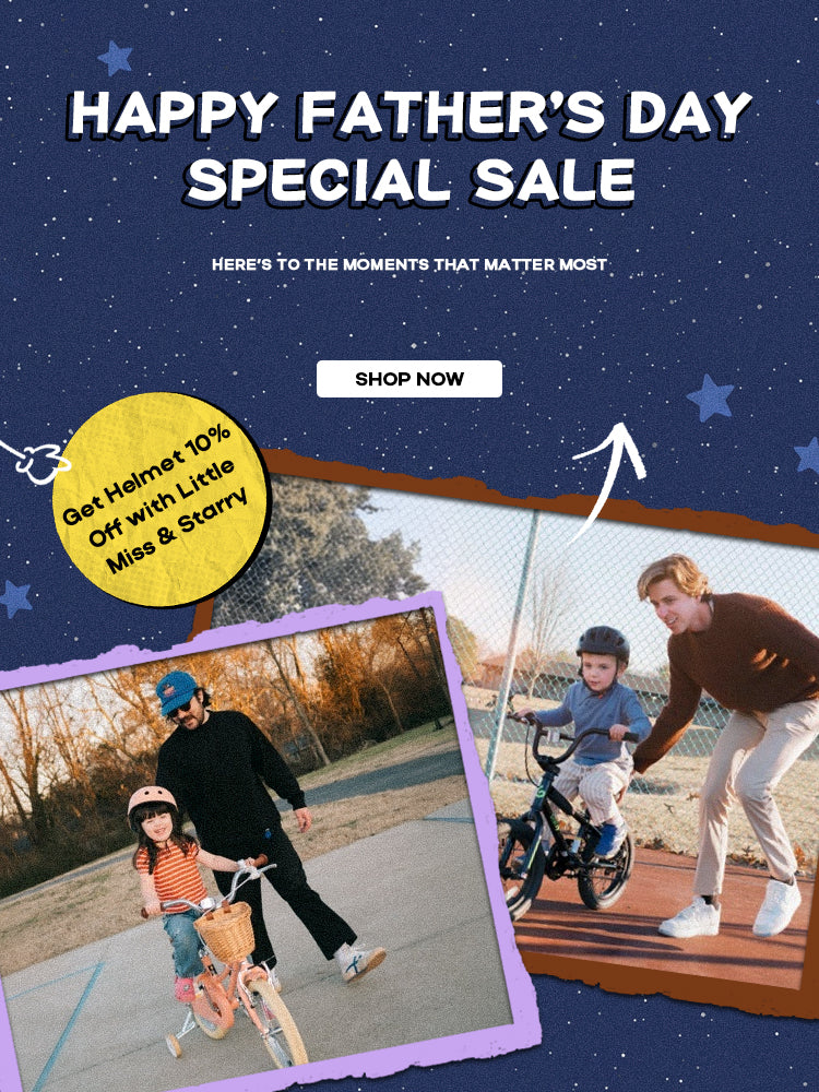 Father's Day special sale banner with kids bikes, helmet discount, and father-child riding moments