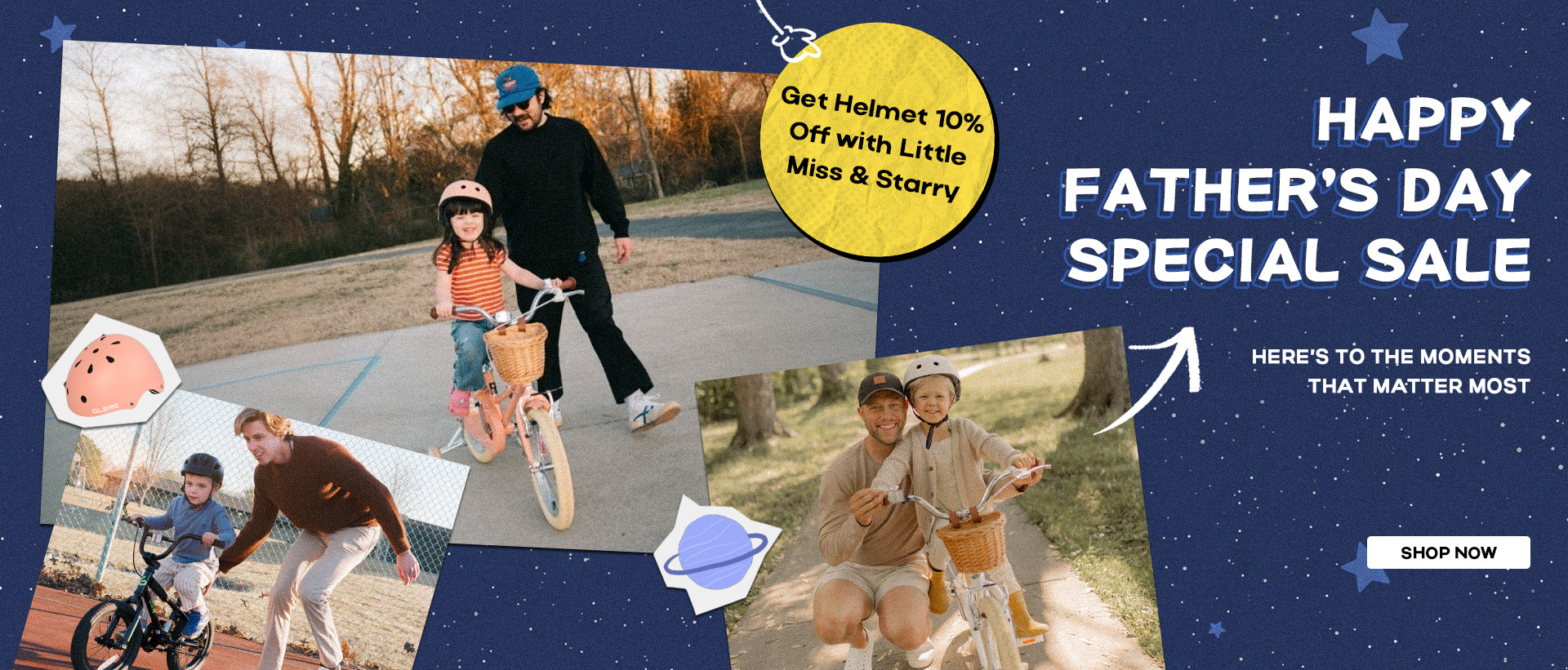 Father's Day special sale banner featuring fathers and children with kids bikes and helmet discount