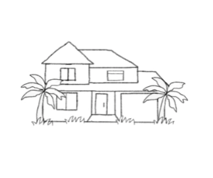 Line-art illustration of a GLERC delivery truck in front of a house with palm trees