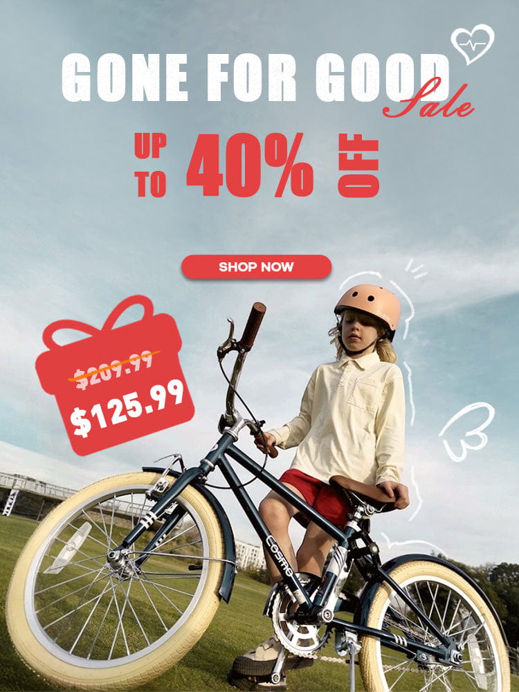 Mobile Gone for Good sale banner featuring a child on a black kids bike with up to 40% off offer
