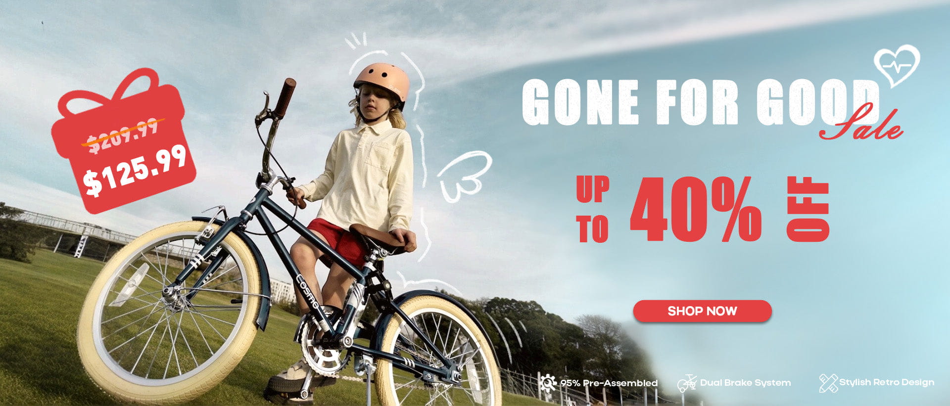 Gone for Good sale banner featuring a child on a black kids bike with up to 40% off offer